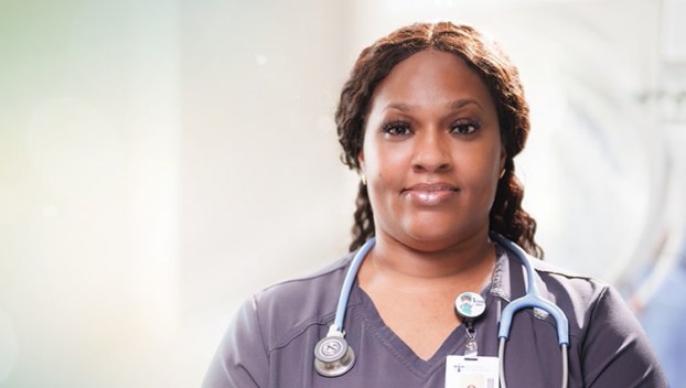 Terra Taylor, a dedicated respiratory therapist, pictured in her scrubs with a stethoscope around her neck at Our Lady of the Angels Hospital in Bogalusa.